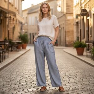 Joe B Linen Cotton High Rise Pants Womens L Coastal Chic Tall Blue Stripes